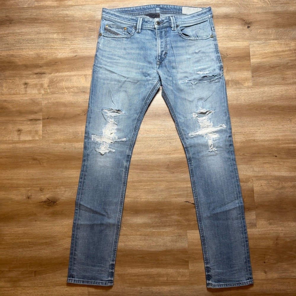 Diesel Thavar Jeans Mens 32x32 Light Blue Slim Skinny Stretch Distressed 0857N
